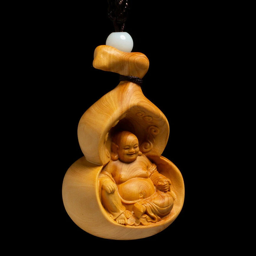 D093 - 7x4.5x4 CM Carved Boxwood Carving Maitreya Figurine Buddha in Gourd Statue-Home Decor Collection Ornaments
