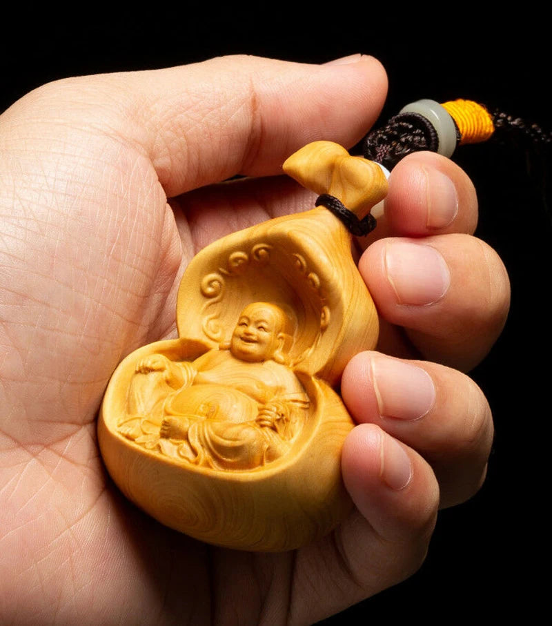 D093 - 7x4.5x4 CM Carved Boxwood Carving Maitreya Figurine Buddha in Gourd Statue-Home Decor Collection Ornaments