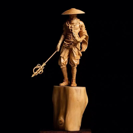 D181a - 29 x 11 x 9 CM Hand Carved Boxwood Figurine : Kung-fu Monk Statue Home Decoration