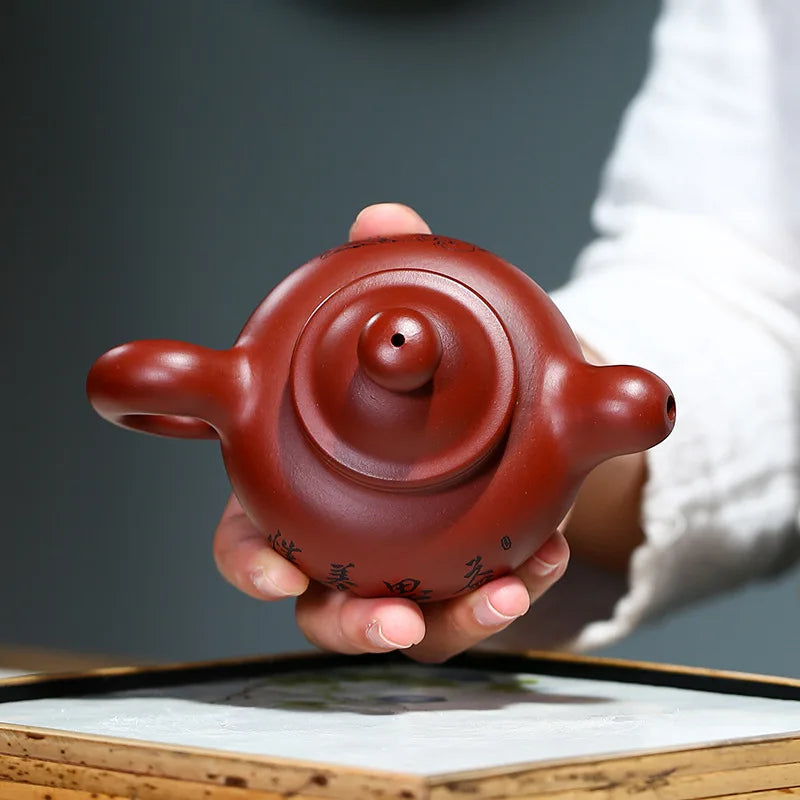 Dahongpao Carved and Painted Taohong Teapot, Zisha Teapot, Yixing Handmade Pot, Kung-Fu Teaware, Purple Clay Drinkware for Puer