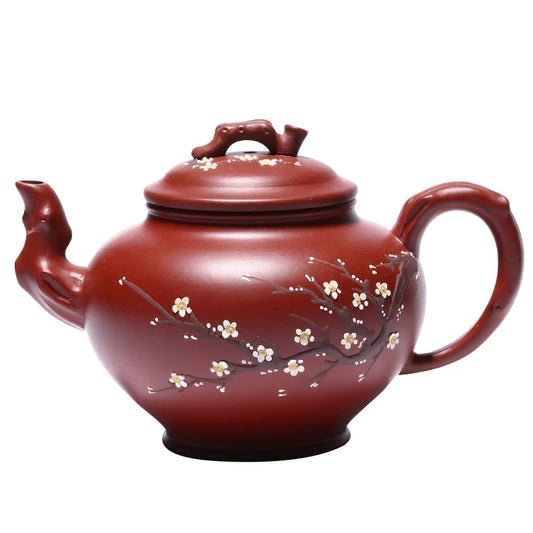 Dahongpao-Hand-carved Mud-painted Plum Blossom Primula Pot Zisha Teapot, Handmade Kung-Fu Teapot, Purple Clay Drinkware