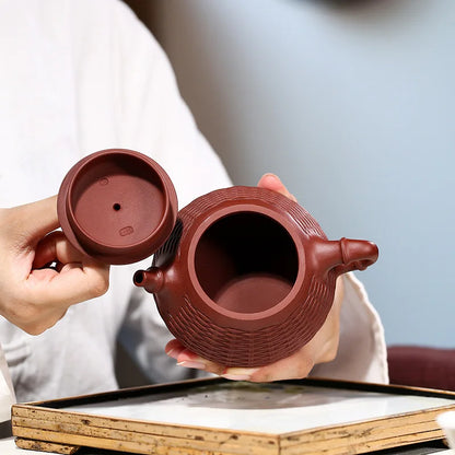 Dahongpao-Handmade Bamboo Woven Stone Scoop Pot, Zisha Teapot, Kung-Fu Teaware, Purple Clay, Drinkware for Puer Green