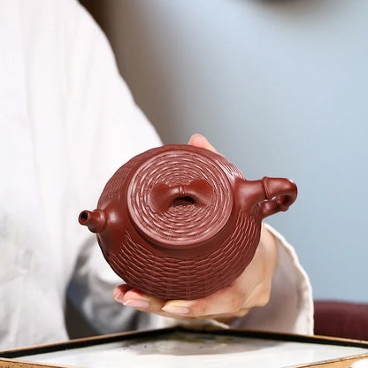 Dahongpao-Handmade Bamboo Woven Stone Scoop Pot, Zisha Teapot, Kung-Fu Teaware, Purple Clay, Drinkware for Puer Green