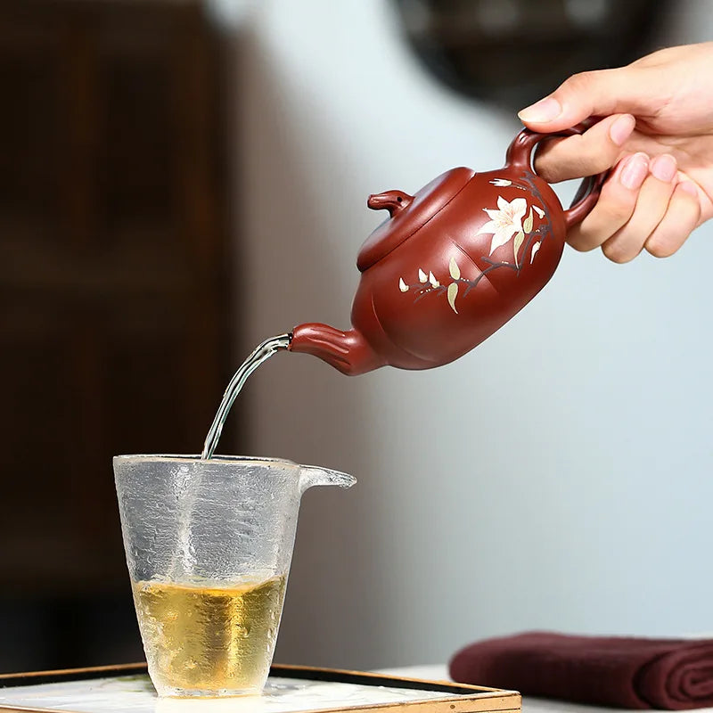 Dahongpao-Handmade Mud Painted Pumpkin Pot, Zisha Teapot, Kung-Fu Teaware, Purple Clay, Drinkware for Puer Green