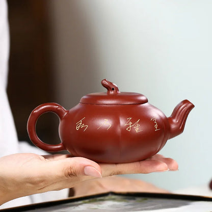 Dahongpao-Handmade Mud Painted Pumpkin Pot, Zisha Teapot, Kung-Fu Teaware, Purple Clay, Drinkware for Puer Green