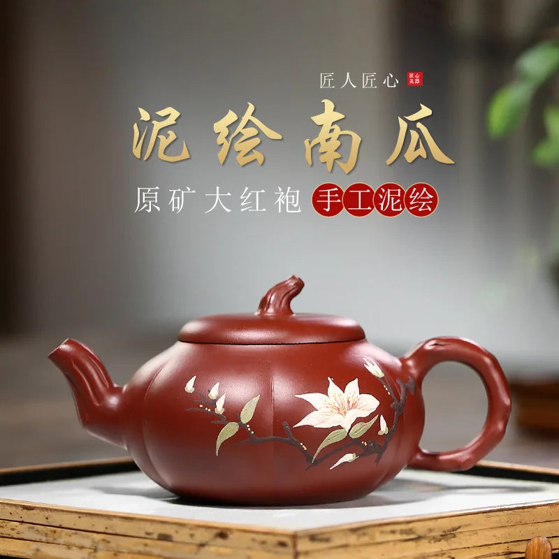 Dahongpao-Handmade Mud Painted Pumpkin Pot, Zisha Teapot, Kung-Fu Teaware, Purple Clay, Drinkware for Puer Green