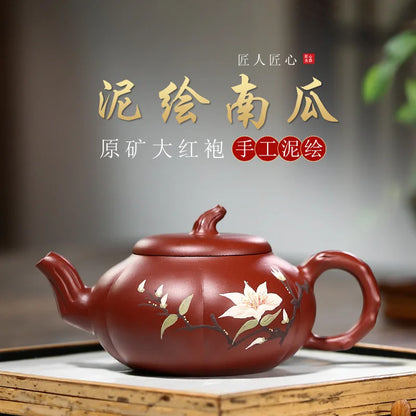 Dahongpao-Handmade Mud Painted Pumpkin Pot, Zisha Teapot, Kung-Fu Teaware, Purple Clay, Drinkware for Puer Green