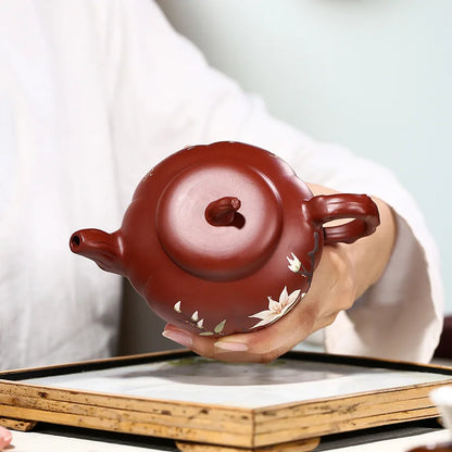 Dahongpao-Handmade Mud Painted Pumpkin Pot, Zisha Teapot, Kung-Fu Teaware, Purple Clay, Drinkware for Puer Green