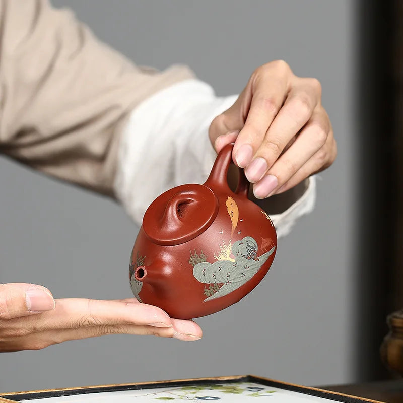 Dahongpao Painting Zisha Teapot Yixing Handmade Pot, Kung-Fu Teaware, Purple Clay Drinkware for Puer, Green, Black, Chinese Tea
