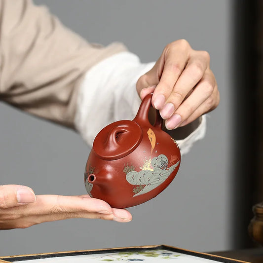 Dahongpao Painting Zisha Teapot Yixing Handmade Pot, Kung-Fu Teaware, Purple Clay Drinkware for Puer, Green, Black, Chinese Tea