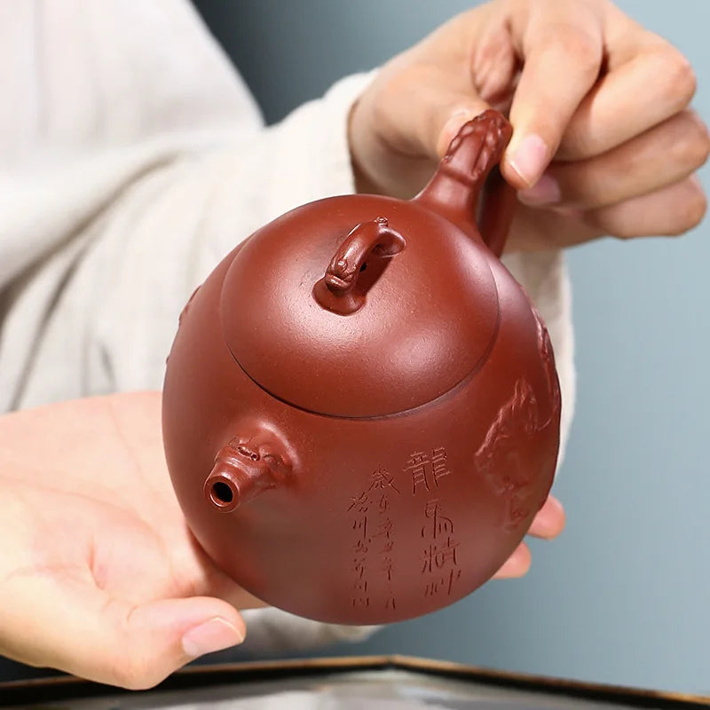 Dahongpao Relief Dragon Horse Spirit Qin Quan Pot Zisha Teapot Yixing Handmade Kung-Fu Teawarepurple Clay Drinkware, Puer
