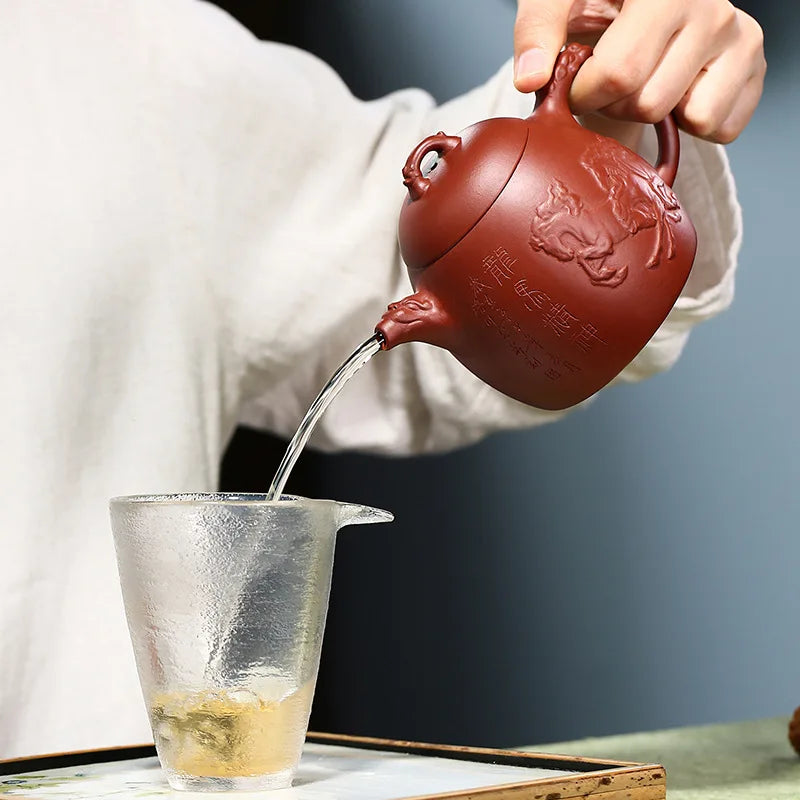 Dahongpao Relief Dragon Horse Spirit Qin Quan Pot Zisha Teapot Yixing Handmade Kung-Fu Teawarepurple Clay Drinkware, Puer