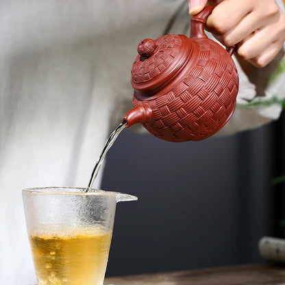 Dahongpao purple clay teapot, hand-painted bamboo woven round bead Zisha teapot, Kung Fu Teaware