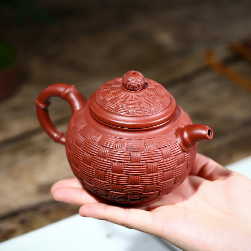 Dahongpao purple clay teapot, hand-painted bamboo woven round bead Zisha teapot, Kung Fu Teaware