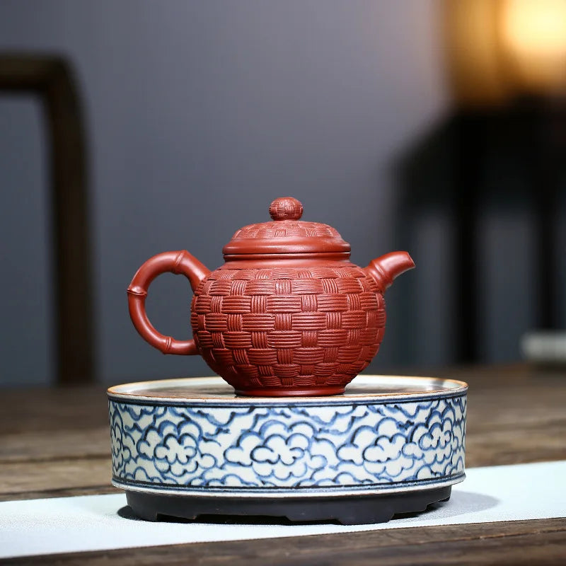 Dahongpao purple clay teapot, hand-painted bamboo woven round bead Zisha teapot, Kung Fu Teaware