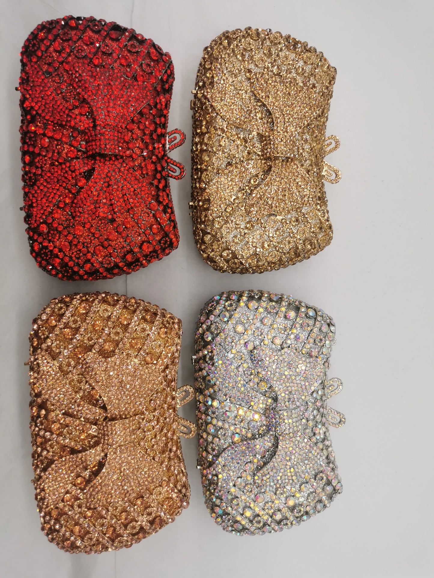 Dark Bright Gold Red Sliver Color Bow Pattern Metal Crystal Handbag Woman Party Wedding Evening Bag Diamond Lady Dinner Clutches