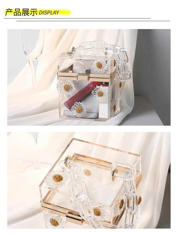 Dazzling Acrylic transparent box bag Women's Clutch purse Evening Bags Bridal Wedding Party  Metal Clutches Handbag Purse gift