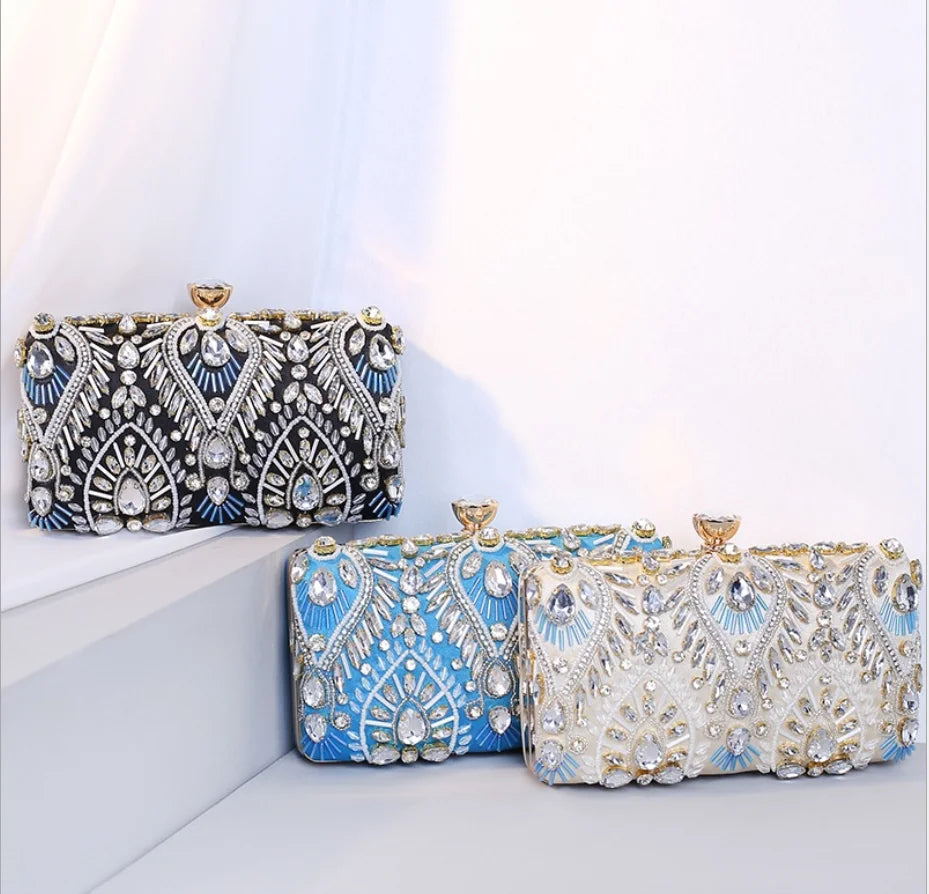 Dazzling blue beaded Clutch Purse Women Crystal clutches Bags Evening bag Wedding Party Handbag Bridal Metal Minaudiere gift