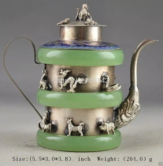 Decoration Ancient Handmade Jade Inlay silver 12 Zodiac TeaPot monkey lid Tea pot Handwork Statue Tibet Miao Antique Old Silver