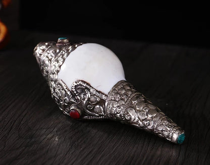 Decorative Handmade Nepal Tibetan Old silver A Tibet Buddhism silver Inlay gem Turquoise Shell Conch Horn Trumpet Statue