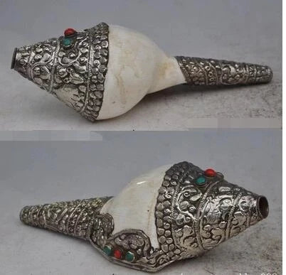 Decorative Handmade Nepal Tibetan Old silver A Tibet Buddhism silver Inlay gem Turquoise Shell Conch Horn Trumpet Statue