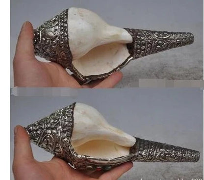 Decorative Handmade Nepal Tibetan Old silver A Tibet Buddhism silver Inlay gem Turquoise Shell Conch Horn Trumpet Statue