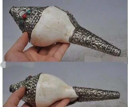 Decorative Handmade Nepal Tibetan Old silver A Tibet Buddhism silver Inlay gem Turquoise Shell Conch Horn Trumpet Statue