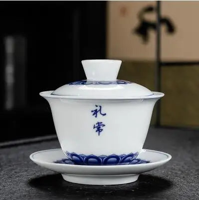 Dehua Gaiwan Large Ceramic Tea Set, Blue and White Sancai Cover Bowl, Single Teacup, Jingdezhen Teapot, Home, Jingdezhen