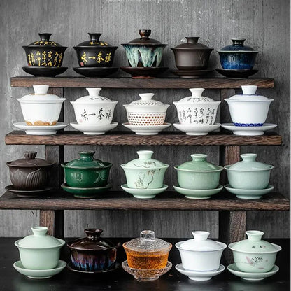 Dehua Gaiwan Large Ceramic Tea Set, Blue and White Sancai Cover Bowl, Single Teacup, Jingdezhen Teapot, Home, Jingdezhen