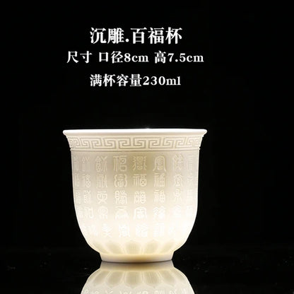 Dehua Sheep Fat Jade White Porcelain Kungfu Tea Cup, Master Cup, Heart Sutra Single Cup, Ceramic Purple Sand Tea Bowl, Large