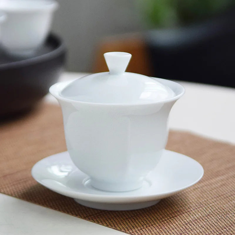 Dehua White Porcelain Cover Bowl, Kungfu Single Tea Cup, Handmade Ceramic Tea Set, Large and Small Sancai, Household