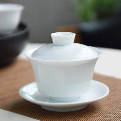 Dehua White Porcelain Cover Bowl, Kungfu Single Tea Cup, Handmade Ceramic Tea Set, Large and Small Sancai, Household