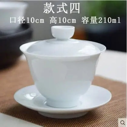 Dehua White Porcelain Cover Bowl, Kungfu Single Tea Cup, Handmade Ceramic Tea Set, Large and Small Sancai, Household