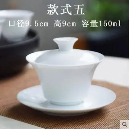 Dehua White Porcelain Cover Bowl, Kungfu Single Tea Cup, Handmade Ceramic Tea Set, Large and Small Sancai, Household