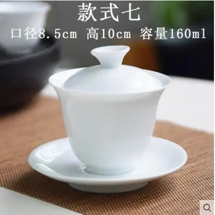 Dehua White Porcelain Cover Bowl, Kungfu Single Tea Cup, Handmade Ceramic Tea Set, Large and Small Sancai, Household