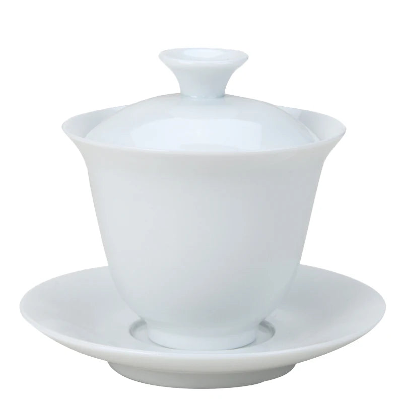 Dehua White Porcelain Cover Bowl, Kungfu Single Tea Cup, Handmade Ceramic Tea Set, Large and Small Sancai, Household