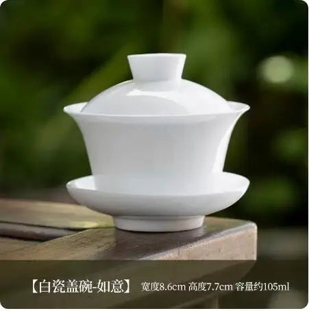 Dehua White Porcelain Cover Bowl, Single Kungfu Tea Cup, Large Ceramic Tea Set with Lid and Bowl