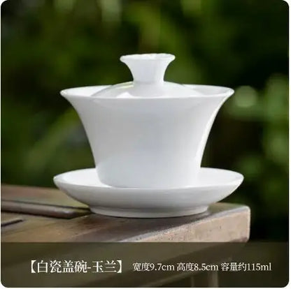 Dehua White Porcelain Cover Bowl, Single Kungfu Tea Cup, Large Ceramic Tea Set with Lid and Bowl