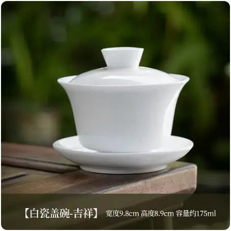 Dehua White Porcelain Cover Bowl, Single Kungfu Tea Cup, Large Ceramic Tea Set with Lid and Bowl