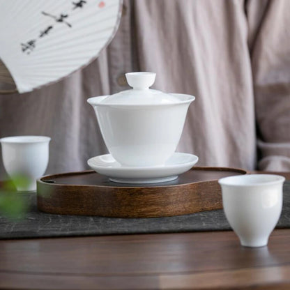 Dehua White Porcelain Cover Bowl, Single Kungfu Tea Cup, Large Ceramic Tea Set with Lid and Bowl