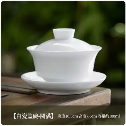 Dehua White Porcelain Cover Bowl, Single Kungfu Tea Cup, Large Ceramic Tea Set with Lid and Bowl