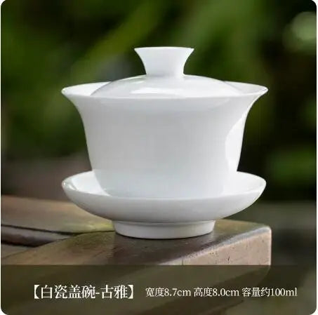 Dehua White Porcelain Cover Bowl, Single Kungfu Tea Cup, Large Ceramic Tea Set with Lid and Bowl