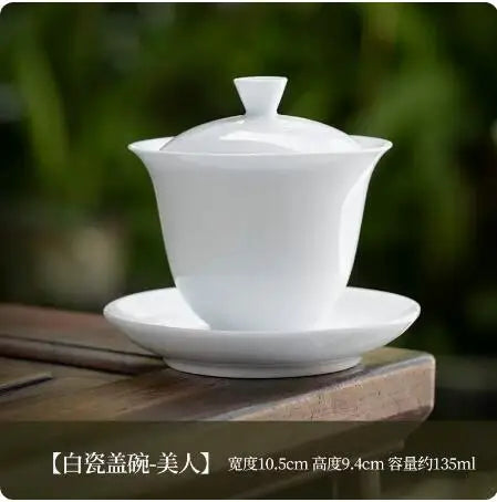 Dehua White Porcelain Cover Bowl, Single Kungfu Tea Cup, Large Ceramic Tea Set with Lid and Bowl