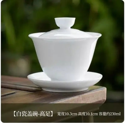Dehua White Porcelain Cover Bowl, Single Kungfu Tea Cup, Large Ceramic Tea Set with Lid and Bowl