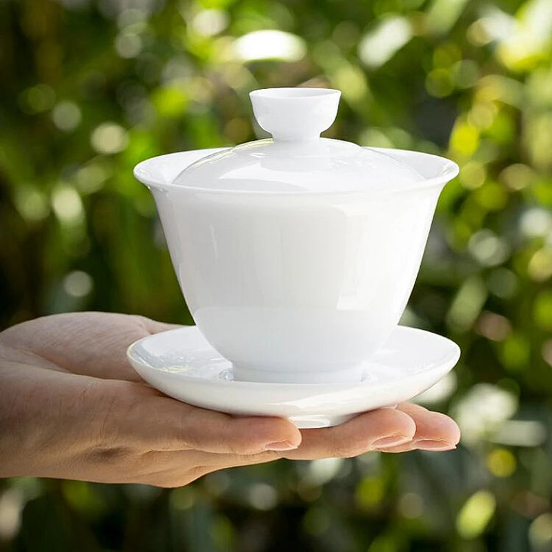 Dehua White Porcelain Cover Bowl, Single Kungfu Tea Cup, Large Ceramic Tea Set with Lid and Bowl