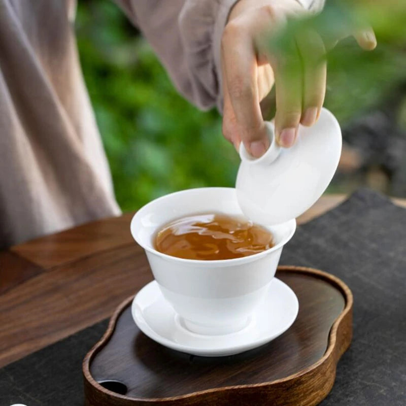 Dehua White Porcelain Cover Bowl, Single Kungfu Tea Cup, Large Ceramic Tea Set with Lid and Bowl