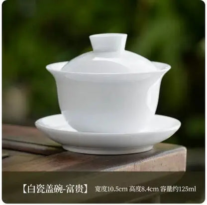 Dehua White Porcelain Cover Bowl, Single Kungfu Tea Cup, Large Ceramic Tea Set with Lid and Bowl