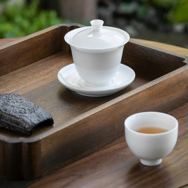 Dehua White Porcelain Cover Bowl, Single Kungfu Tea Cup, Large Ceramic Tea Set with Lid and Bowl