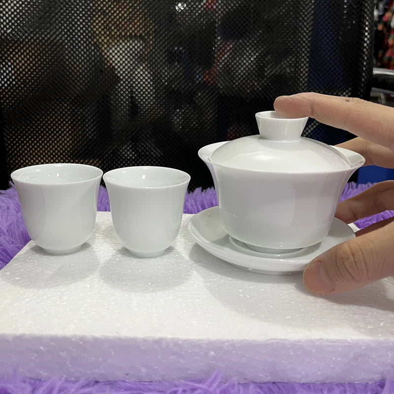Dehua White Porcelain Gaiwan, Large Ceramic Blue and White Sancai Cover Bowl, Single Teacup, Jingdezhen Teapot, Tea Set
