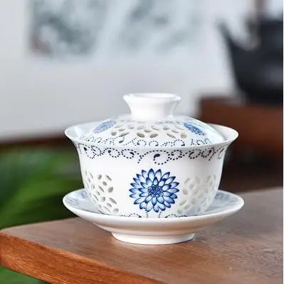 Dehua White Porcelain Gaiwan, Large Ceramic Blue and White Sancai Cover Bowl, Single Teacup, Jingdezhen Teapot, Tea Set